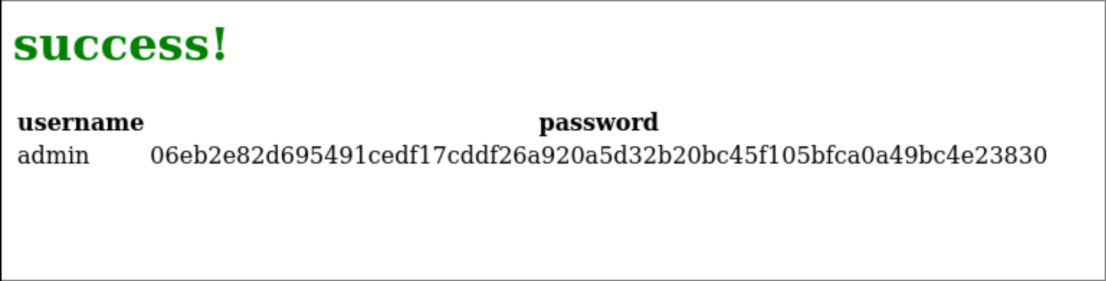 SQLi successful, retrieved hashed password